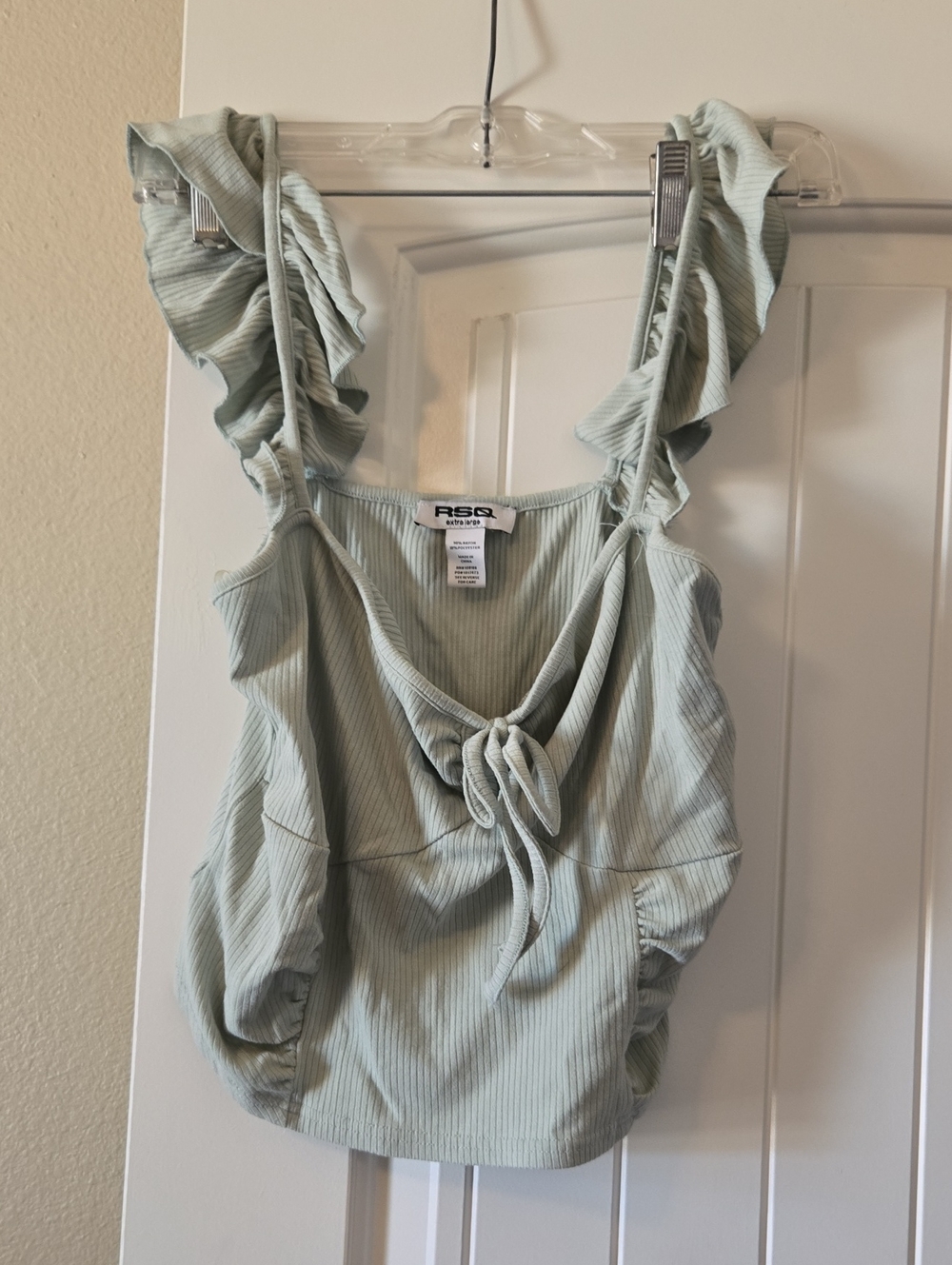 RSQ Light Mint Ribbed Tie-Front Ruffle Strap Camisole